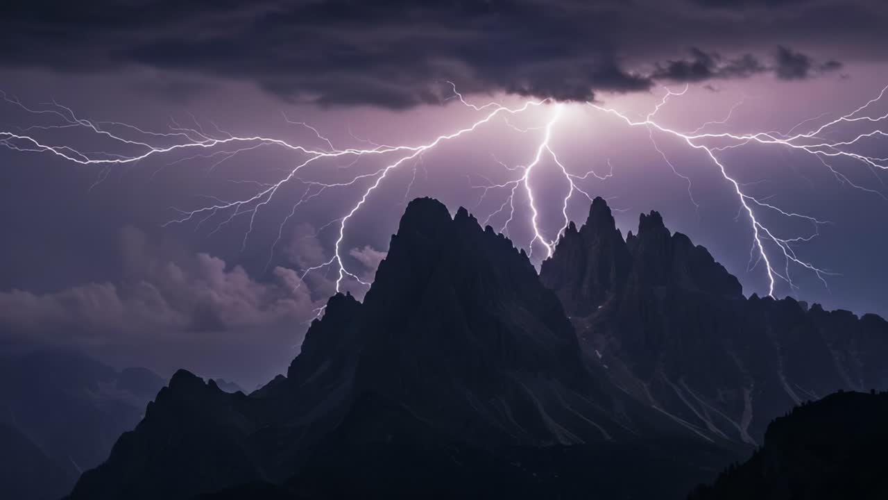 Dramatic Lightning Strikes Over Dark Mountains at Night