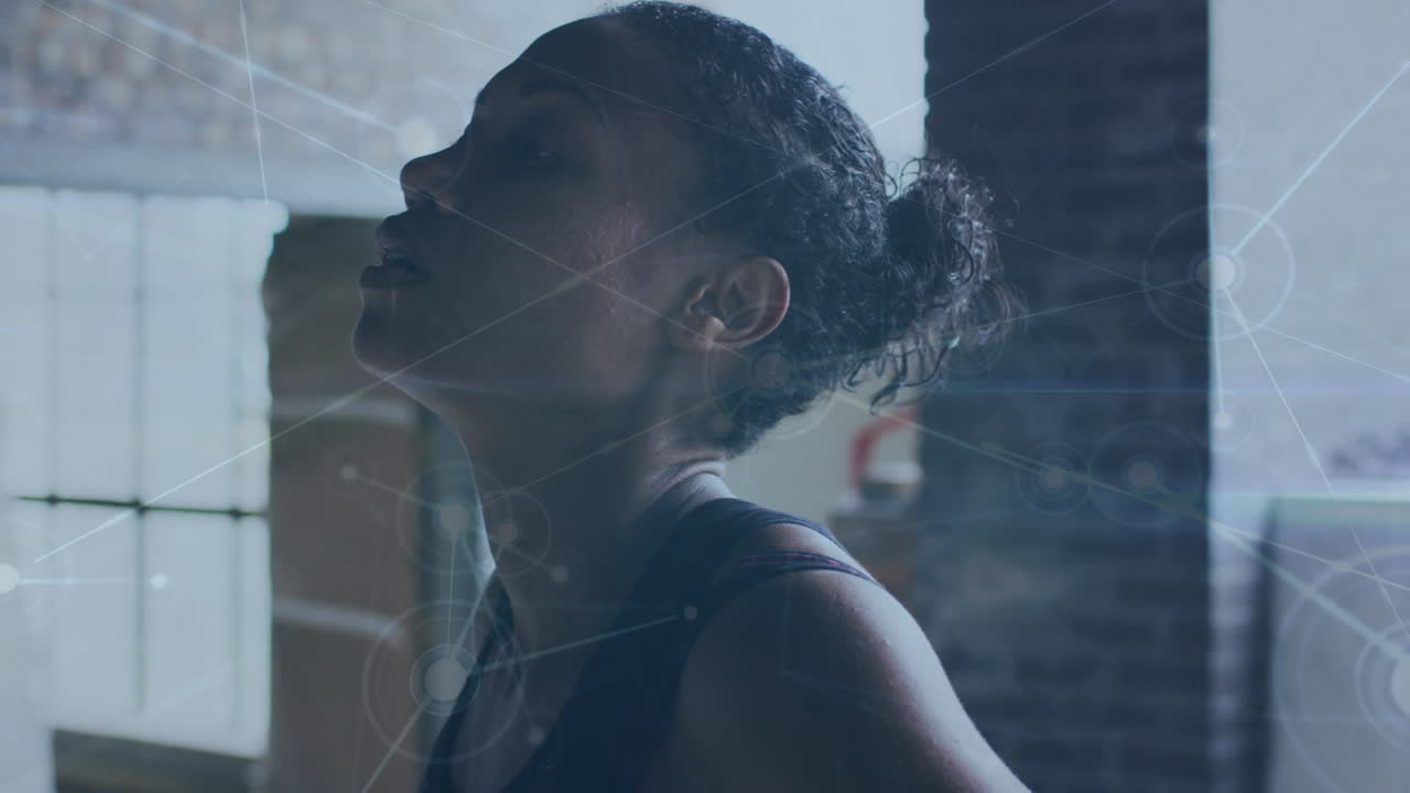 Animation of communication network processing over resting african american female athlete training