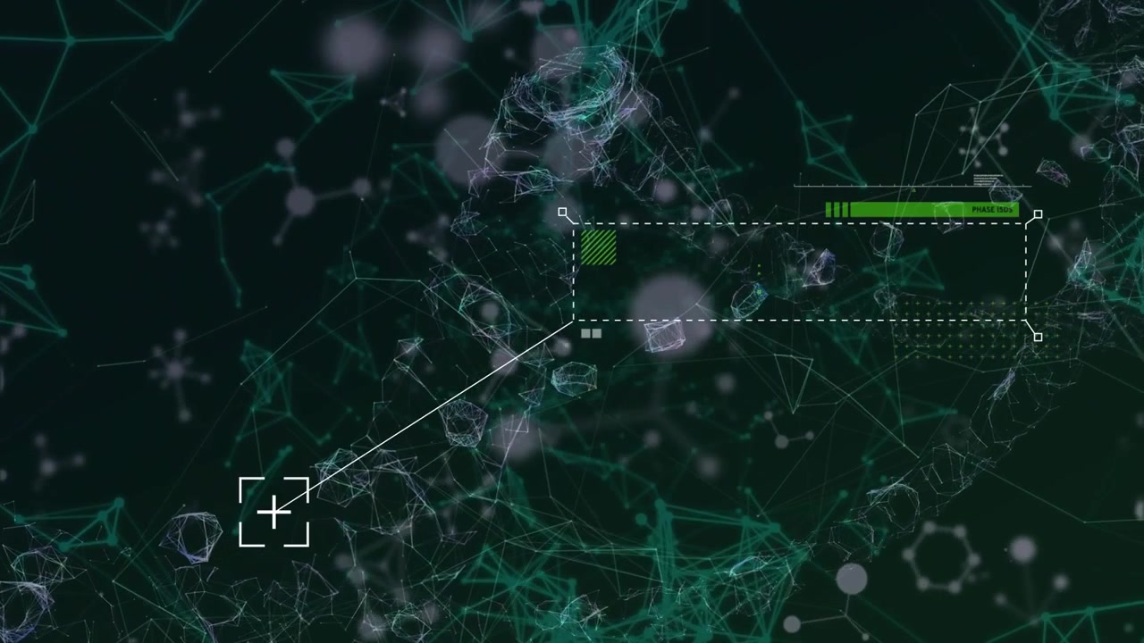 Animation of data processing and molecules over network of connections on black background