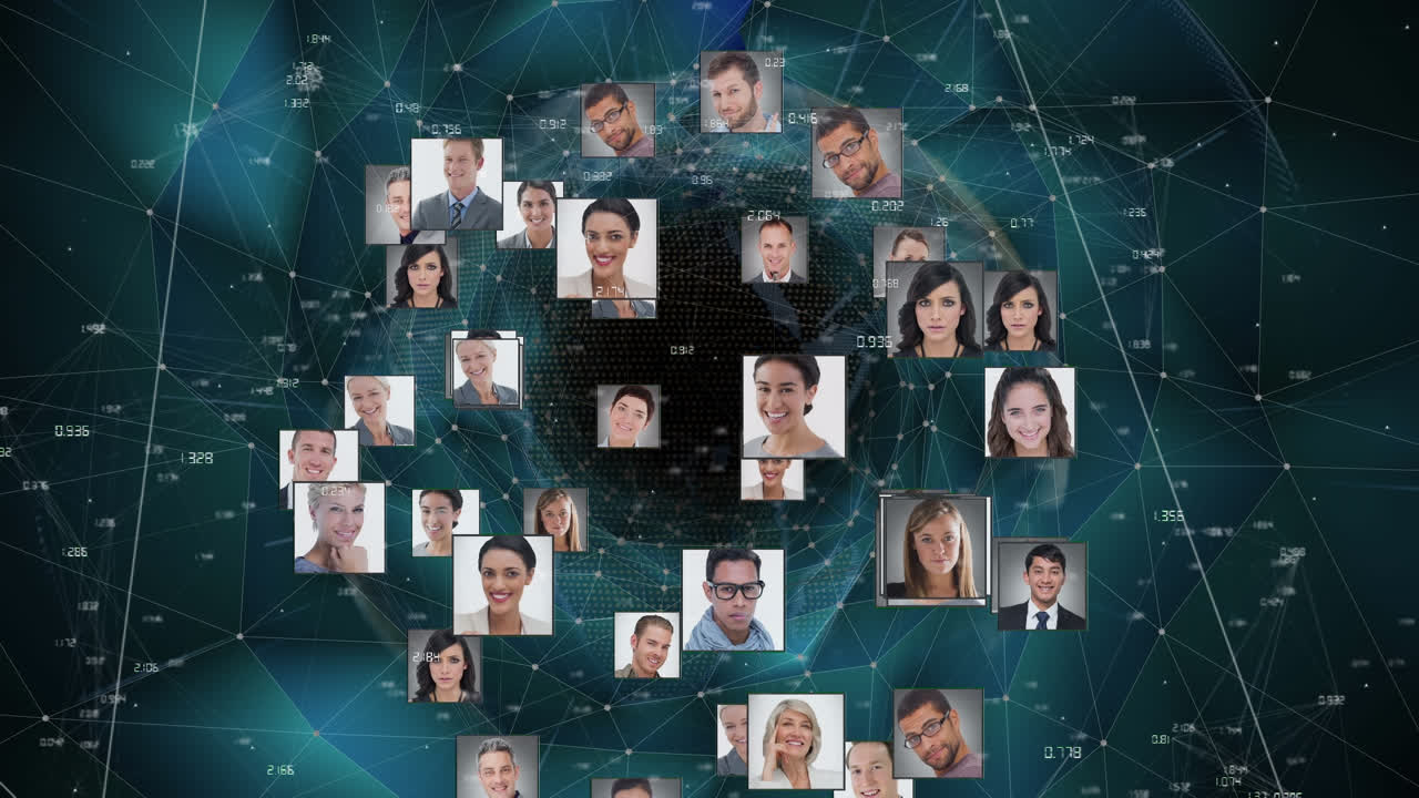 анимация глобуса с фотографиями пользователей через соединения в цифровом пространстве