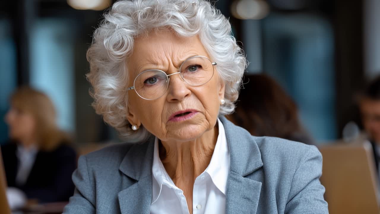 Anziana donna d'affari scettica accigliata davanti a un documento in ufficio.