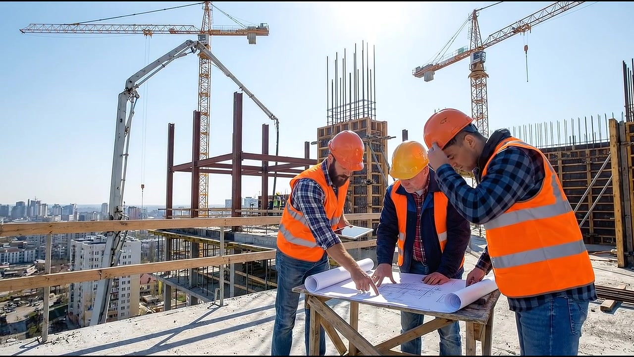 Construction workers examining blueprints on rooftop development site surrounded by cranes and city skyline