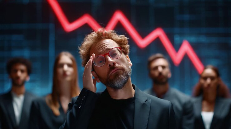 Una figura contemplativa in abito formale si erge in mezzo a un gruppo in un ambiente austero, esprimendo preoccupazione per le tendenze al ribasso del mercato indicate da un grafico rosso ben visibile dietro di loro.