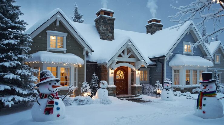 Falling snow dusting craftsman-style home yard, with curling smoke, icicle lights and four snowmen