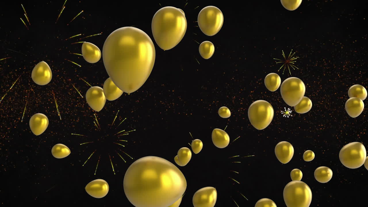 Golden balloons floating with fireworks on black background