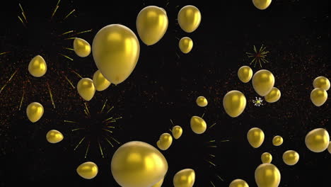 golden balloons floating with fireworks on black background