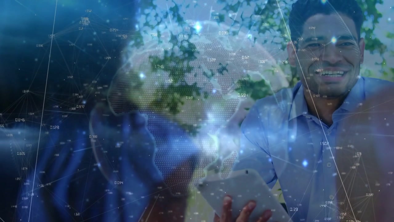 Woman holding tablet, man watching, gesturing to start AR globe aligning with tablet for tech demo