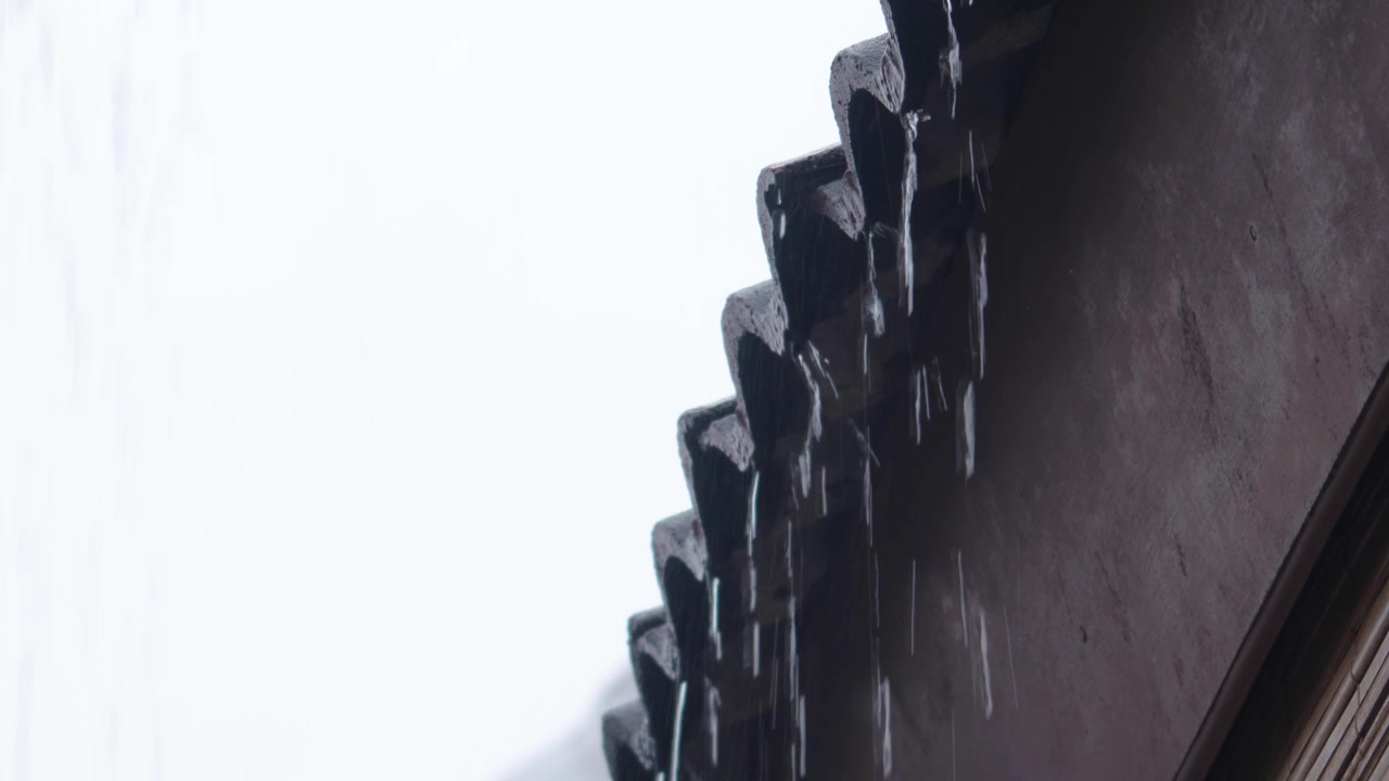 Rainwater Dripping From Roof Edge During Heavy Rain, Close Up View