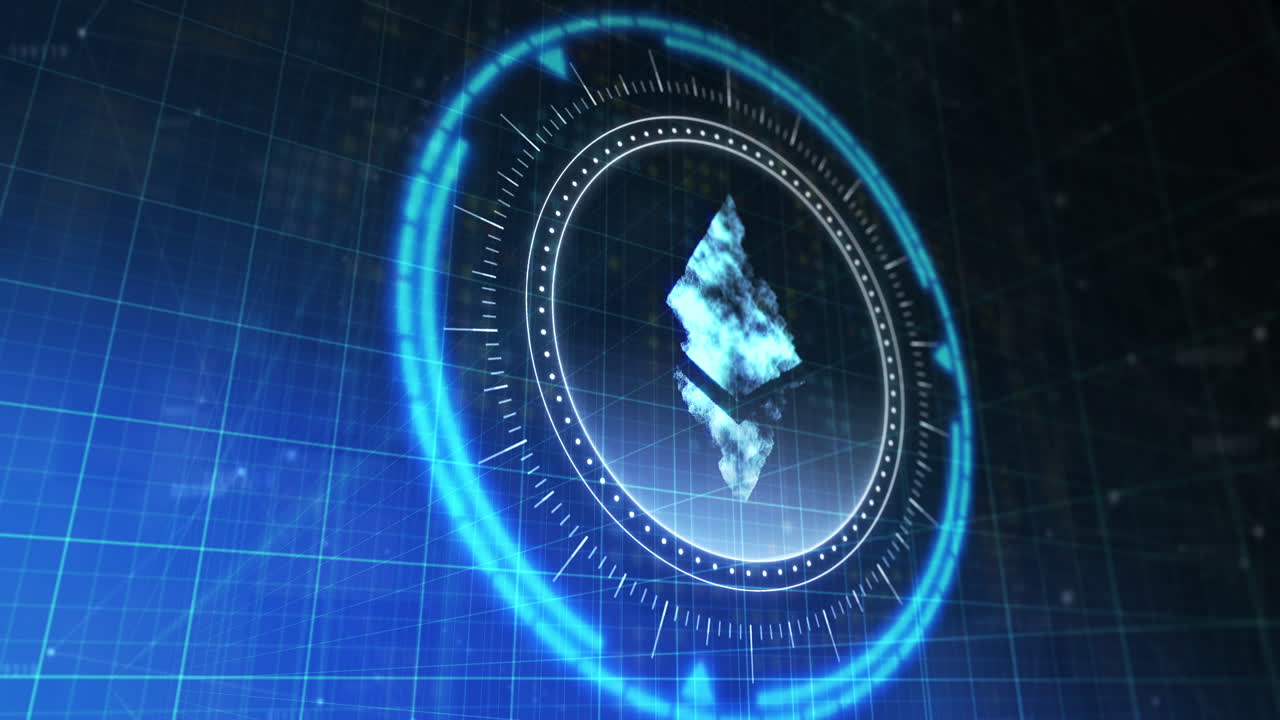 animación del círculo de procesamiento con diamante giratorio sobre el espacio digital azul y negro