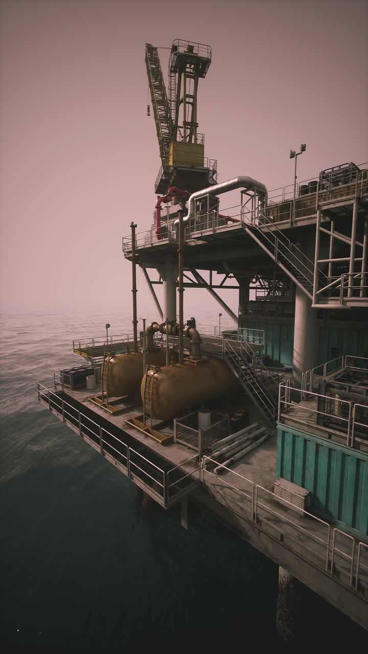 Udforskning af den indviklede struktur af en olieboreplatform midt i roligt havvand.