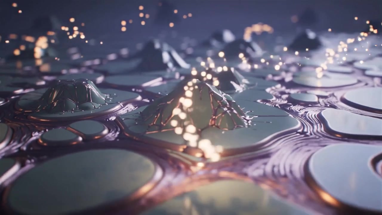 Animation starting teal pads, purple channels bulging into peaks in macro, emitting gold sparks