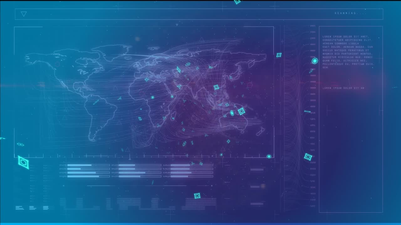 Digital interface with world map and data processing against blue background