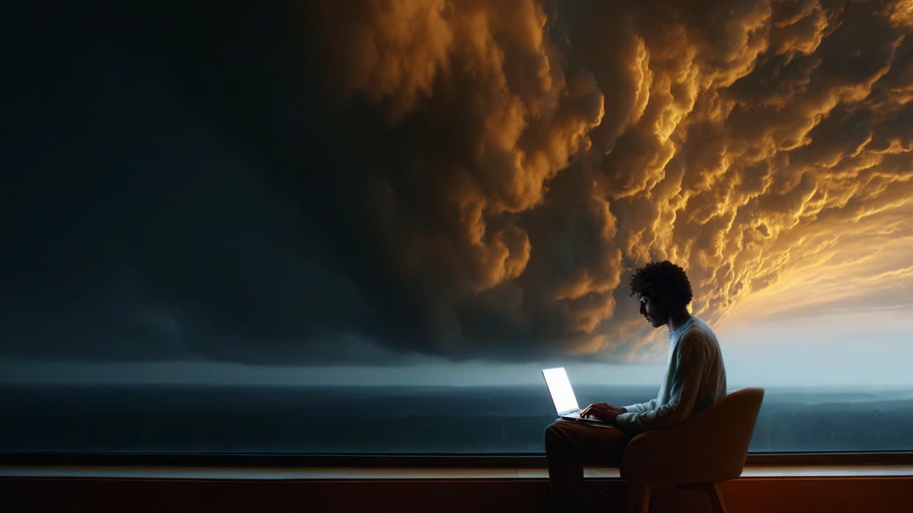 A person sitting in a chair by a window, focused on a laptop as dramatic clouds roll in, creating a captivating contrast between technology and nature's intensity during a stormy evening
