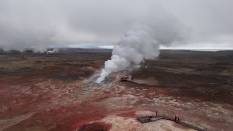 gunnuhver geothermal area on a cloudy day, reykjanes peninsula, iceland - drone shot