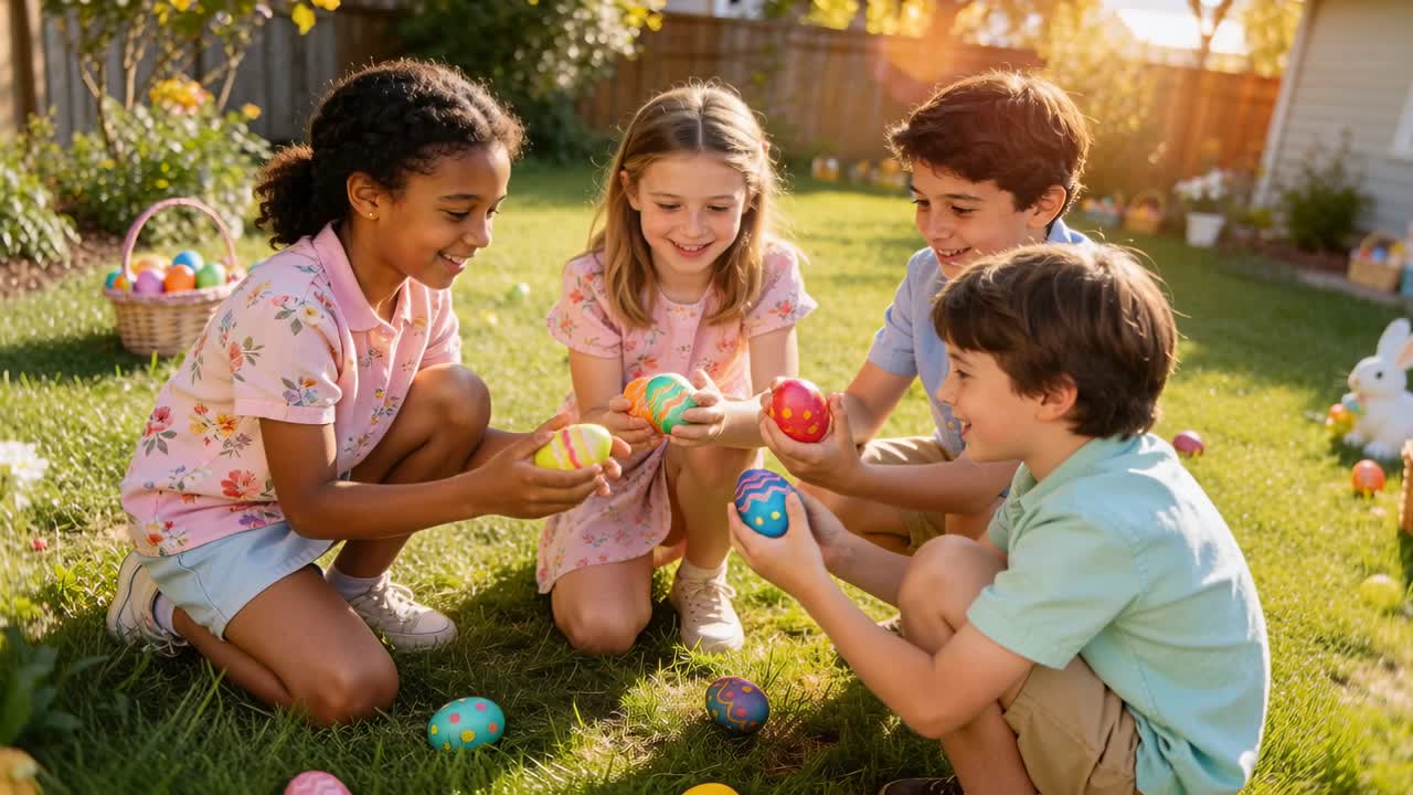 飾り付けされた卵を見つけ、夏用Tシャツを着た4人の子供たちが庭で卵を叩き、近くのバスケットと比較している。