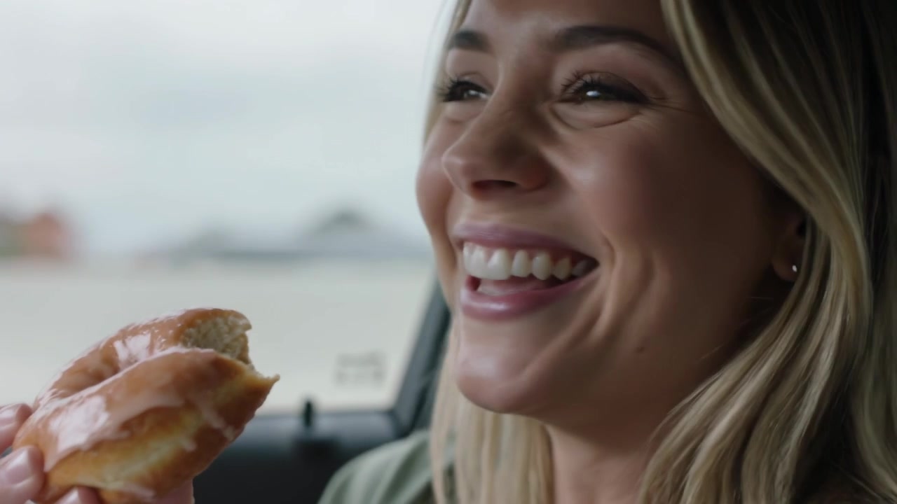 Lifting passenger in green top taking bite, chewing and smiling, car moving, donut, copy space
