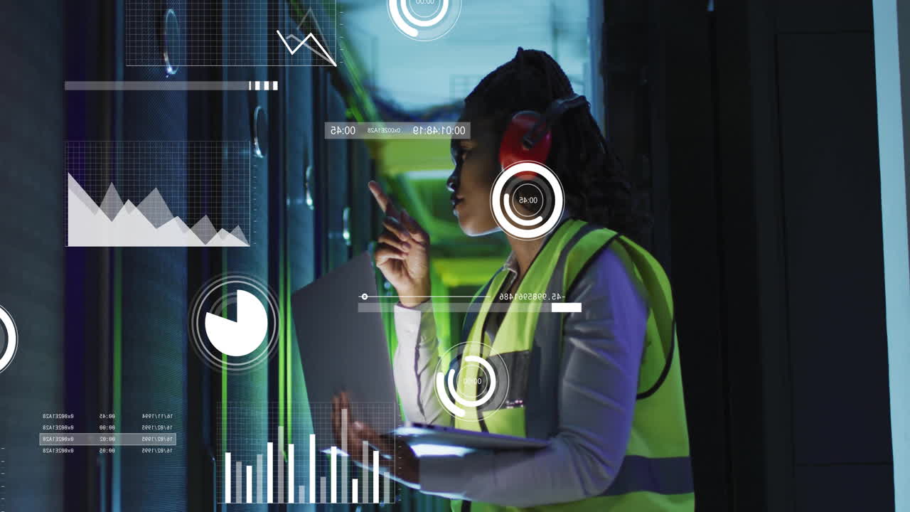 animación de procesamiento de datos digitales sobre africano americano mujer con portátil por servidores de computadora