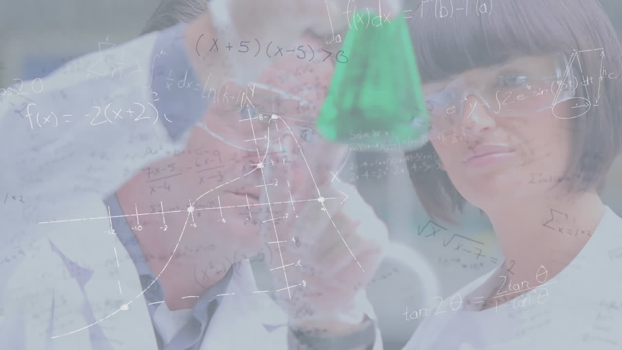 실험실에서 일하는 다양한 남녀 과학자들에 대한 수학적 방정식의 애니메이션