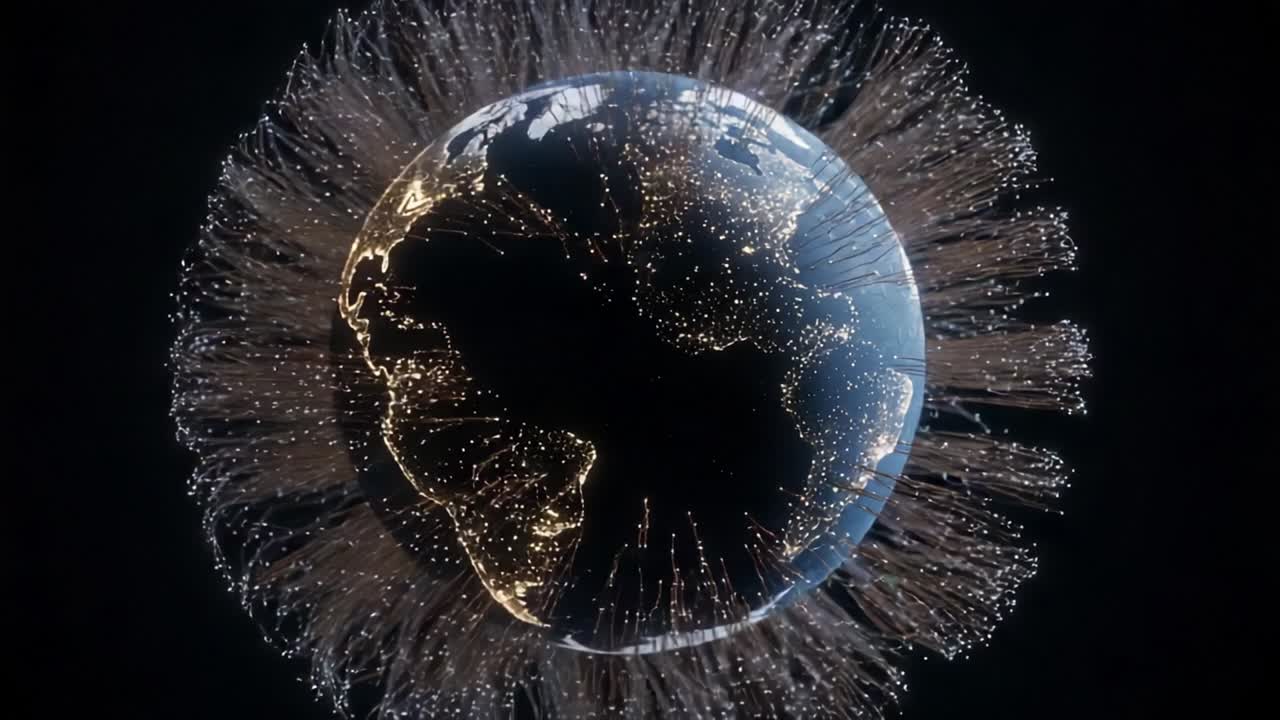 A Stunning Visualization of Earth Surrounded by a Radiant Network of Light, Highlighting the Interconnectedness of Our Global Society and Technology