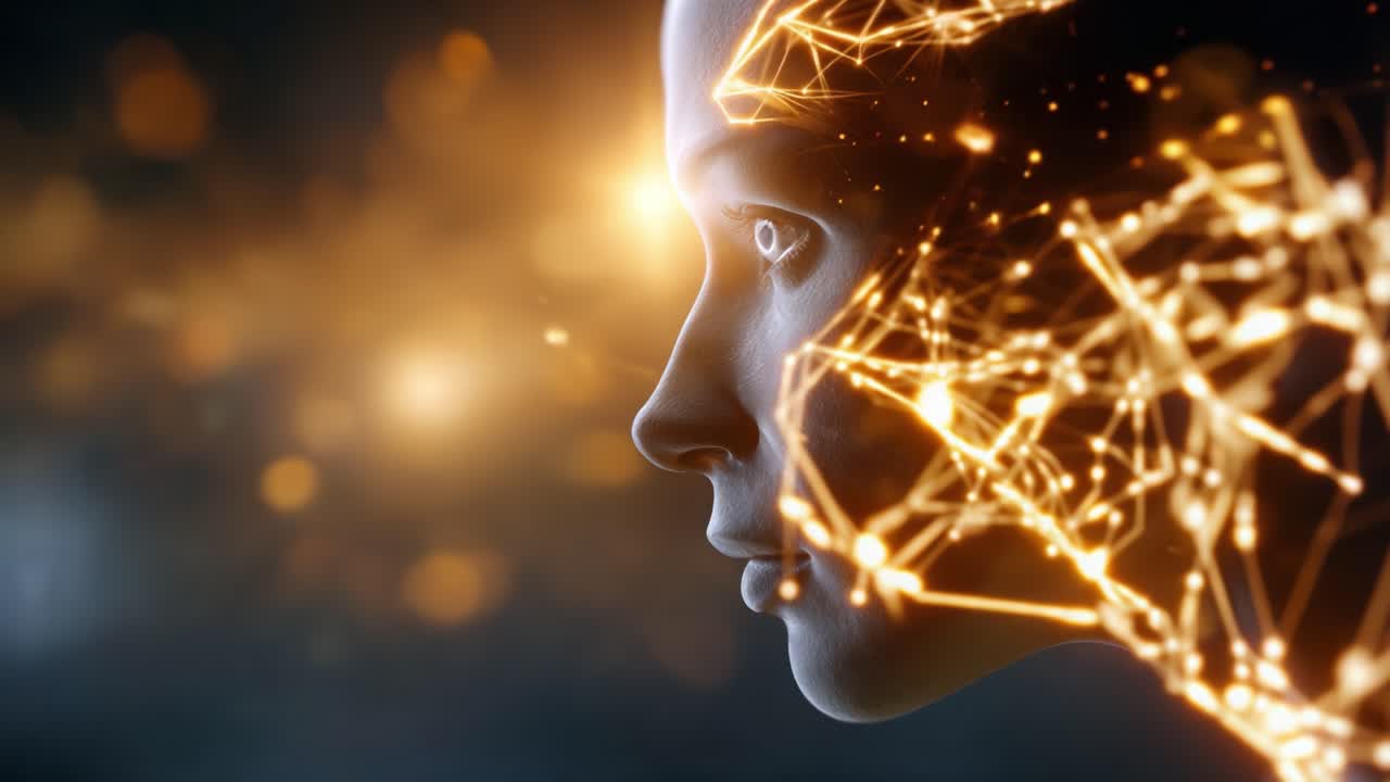 A captivating glimpse into a semi-realistic digital human face, showcasing the merging of technology and art through intricate glowing connections and neural patterns