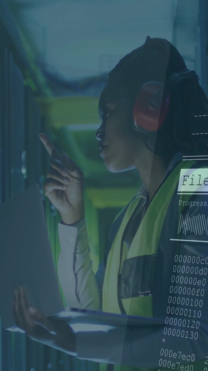 Female technician with tablet tapping rack panel and monitoring transfer progress in data center