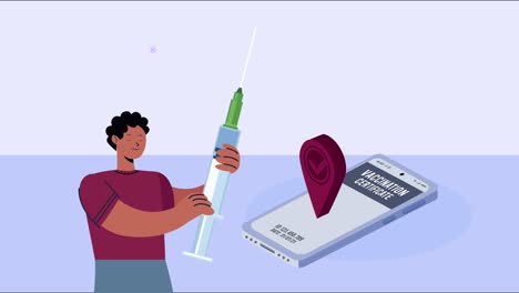 animación de covid-19 con un hombre levantando vacuna y teléfono inteligente