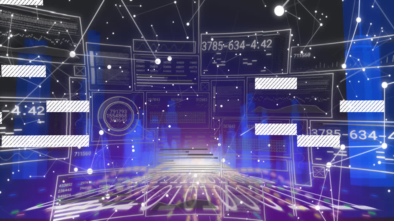 animación de procesamiento de datos y ciudad sobre fondo negro