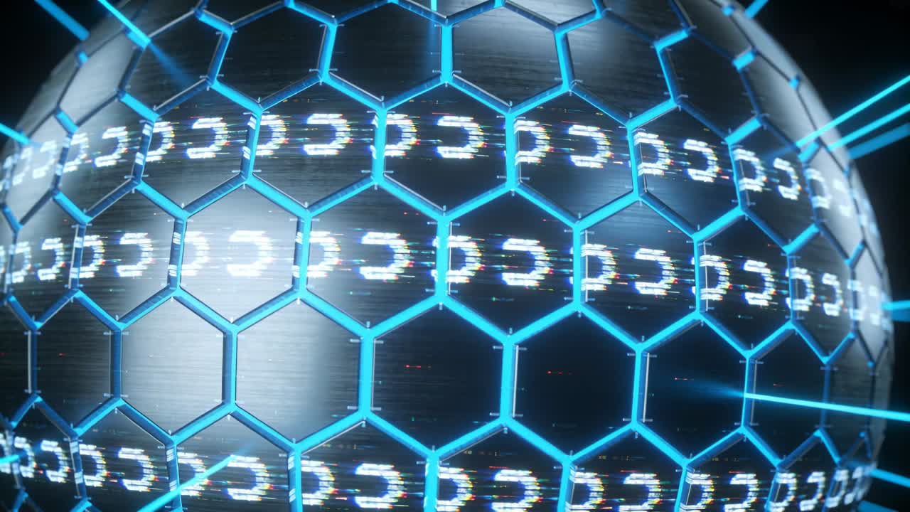 Camera opening close, metal orb cyan hex mesh scrolling glyph band, pulsing beams showing tech data
