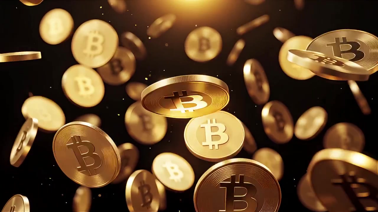 Bitcoin in rotazione su sfondo nero drammatico 4k