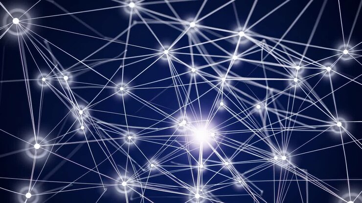Rete astratta di linee e nodi luminosi, vista dall'alto, che ricorda un web digitale
