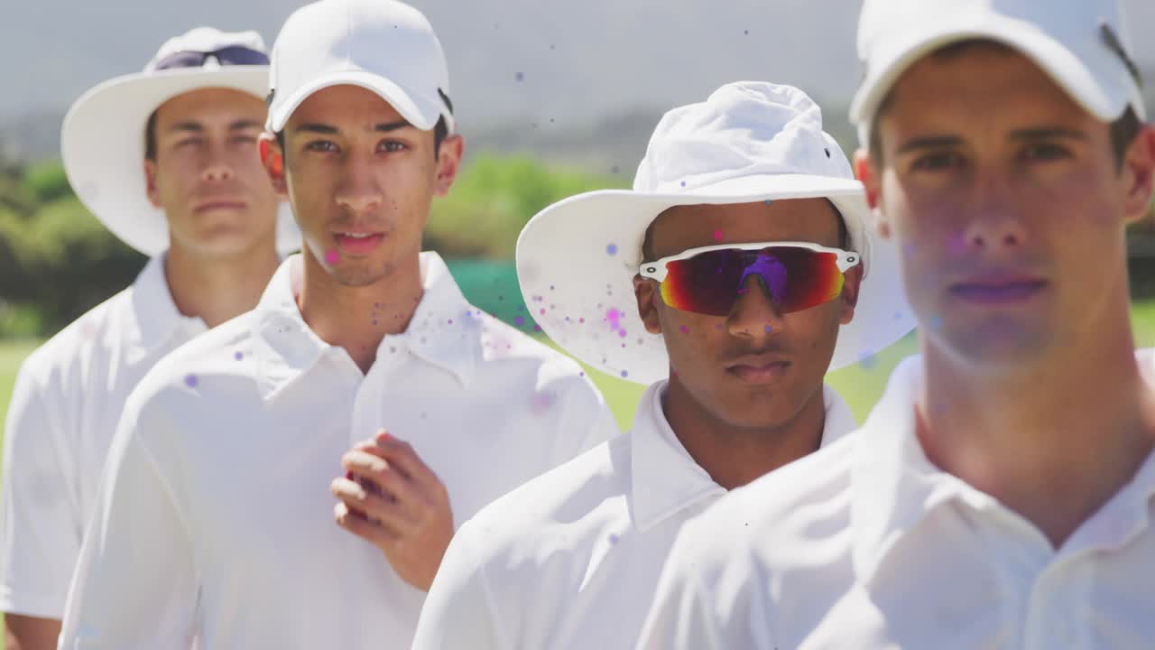 Cricket players walking toward camera on grass, front player adjusting red ball preparing match