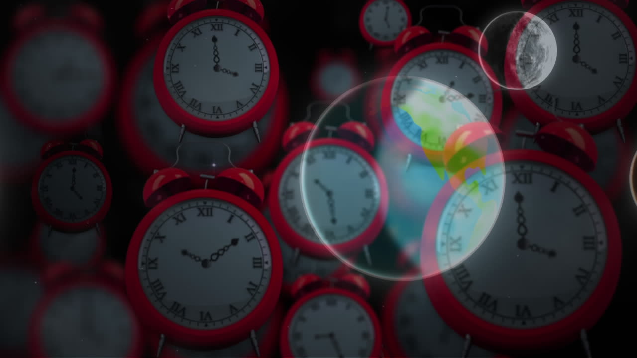 태양계, 행성 및 공간의 애니메이션 시계의 타이킹