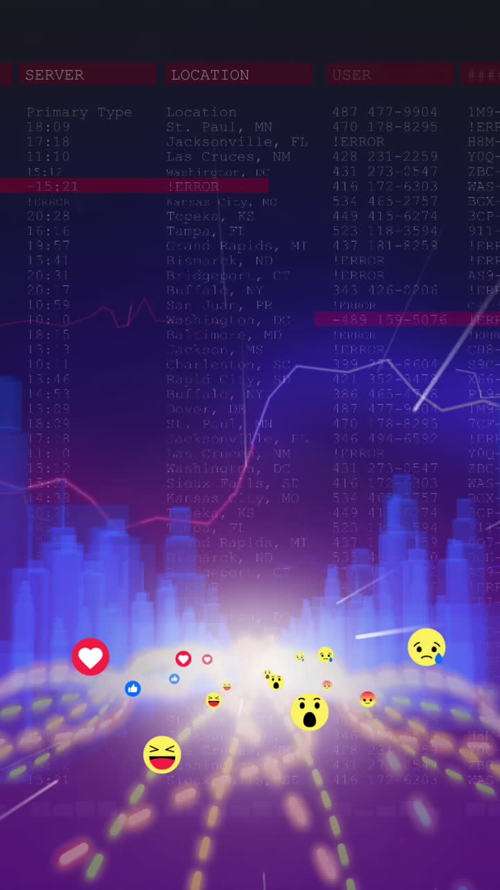 animación de emojis y rastros de luz que se mueven sobre edificios azules brillantes en un fondo oscuro