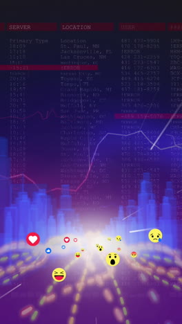 animación de emojis y rastros de luz que se mueven sobre edificios azules brillantes en un fondo oscuro