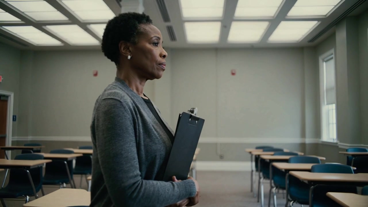 Scanning Black teacher in gray cardigan holding clipboard checking classroom readiness, copy space