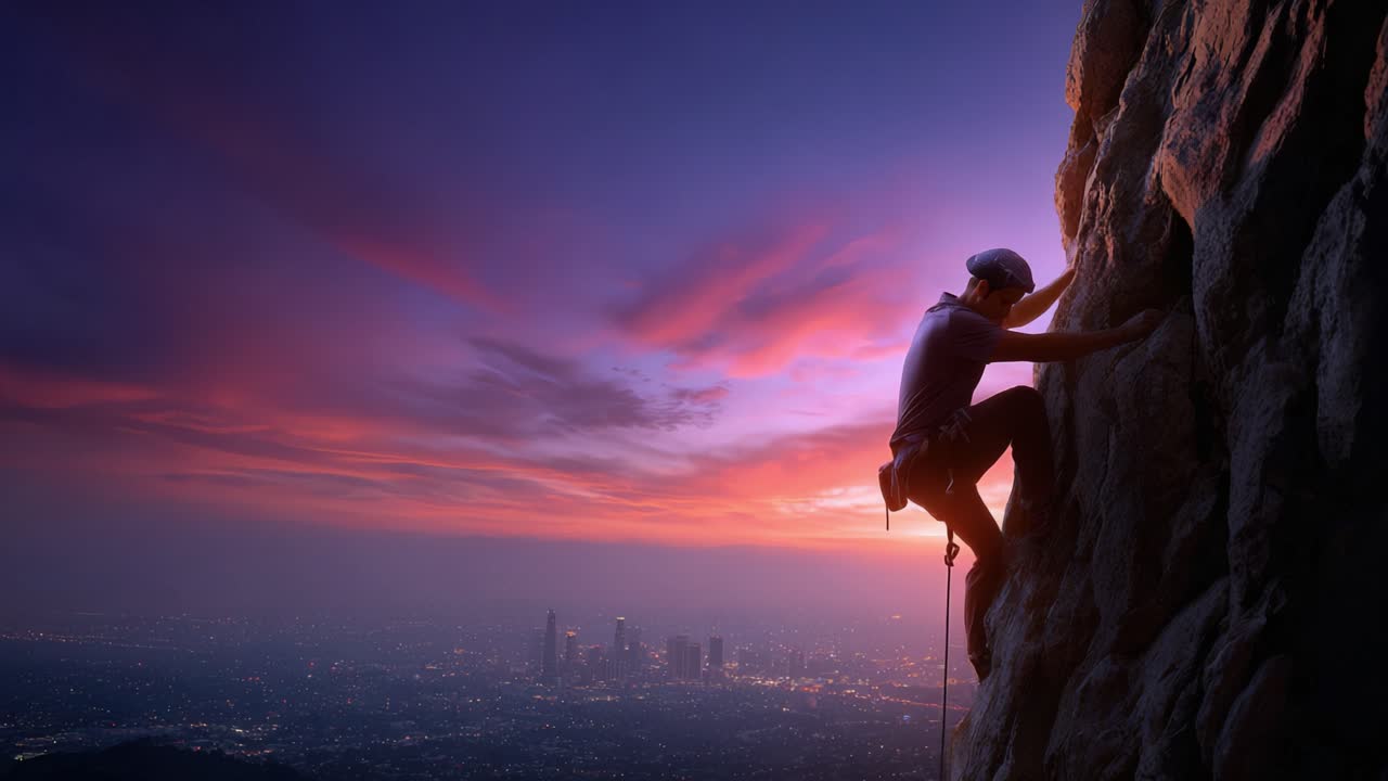 Un alpinista scala una scogliera scoscesa in mezzo a un tramonto mozzafiato, mostrando determinazione e avventura contro uno sfondo urbano mozzafiato di una città tentacolare