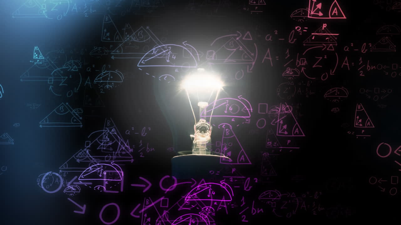 Animation of light bulb and scientific formule data processing