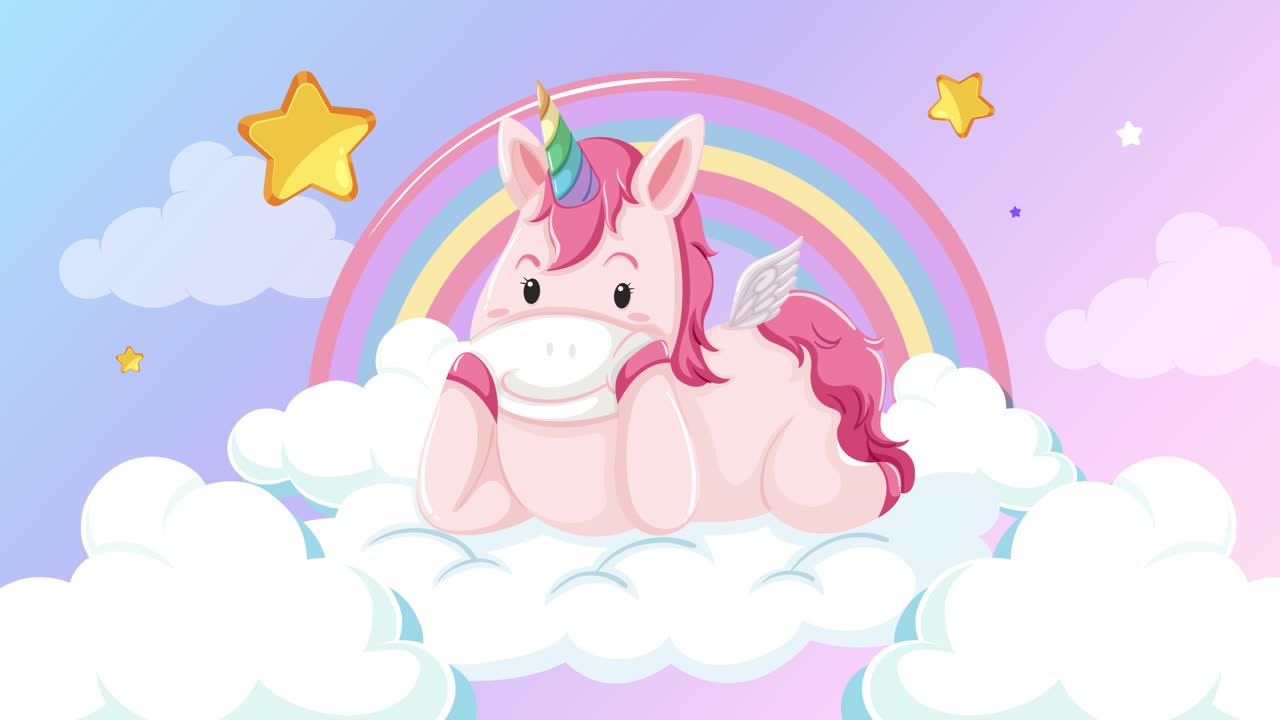 Unicornio sobre nubes con arcoíris cambiante y estrellas