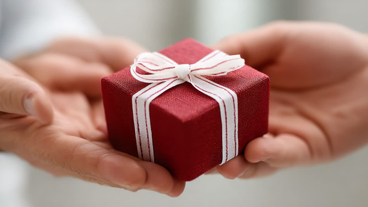 Una vista ravvicinata di mani che si scambiano una confezione regalo rossa splendidamente incartata, ornata con un nastro bianco, a simboleggiare lo spirito del dare e le occasioni speciali.