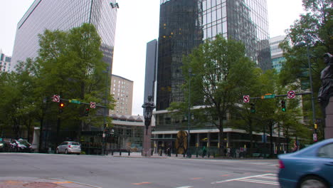 Shots-of-downtown-Charlotte,-Trade-and-Tryon-Street