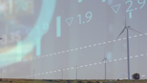 animación del procesamiento de datos del mercado de valores sobre molinos de viento giratorios en prados contra el cielo gris