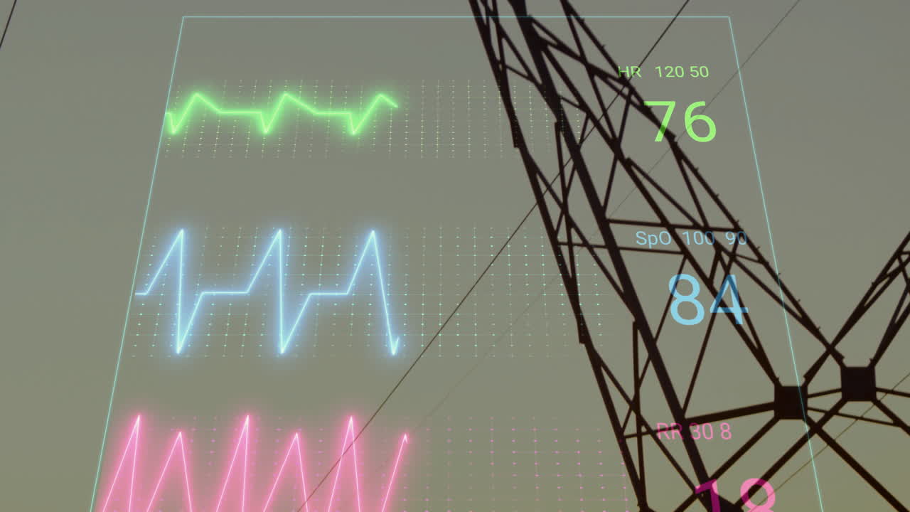 Animation of colorful heart rate and oxygen graphs on power line structure
