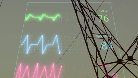 animation of colorful heart rate and oxygen graphs on power line structure