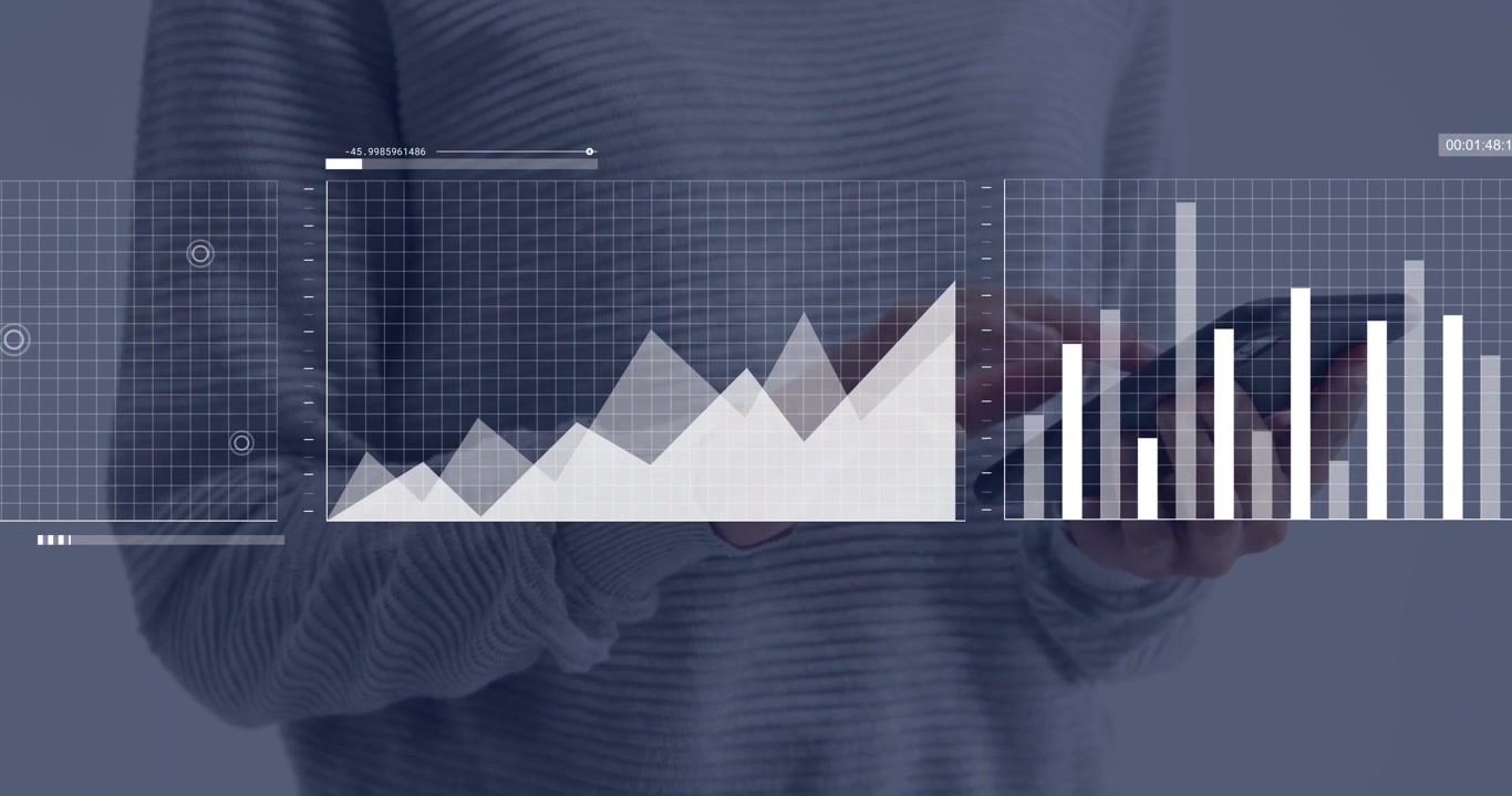 Donna che tocca lo smartphone facendo animare e spostare grafici traslucidi per mostrare le tendenze globali