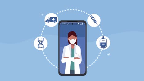 animación médica con una doctora en el teléfono inteligente