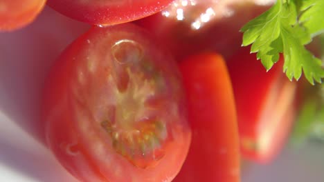close-up of fresh cut tomato with water droplets