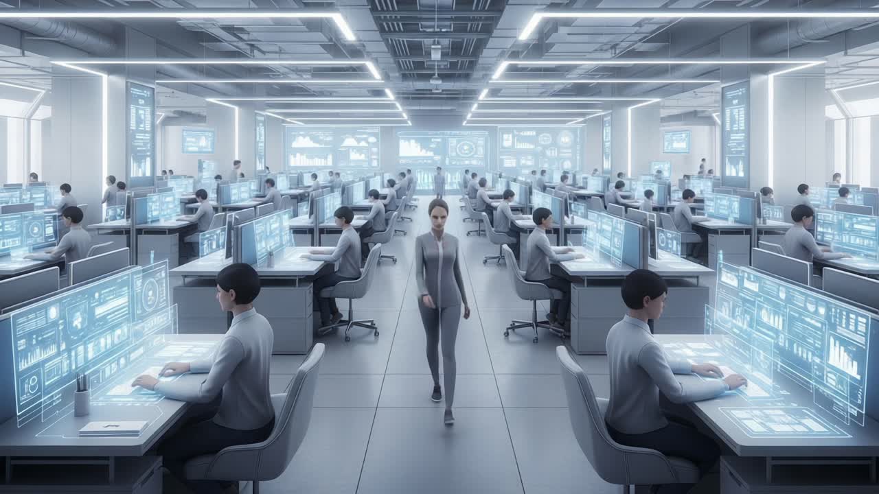 A Visual Representation of a High-Tech Data Analysis Workspace Featuring Multiple Workstations and Interactive Displays in a Modern Office Environment