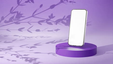 Modern-new-smartphone-model-display-product-with-purple-background,-white-blank-screen,-sales-hi-tech-concept