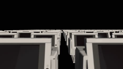 close up of infinite symmetrical rows of old pc computers - 3d animation