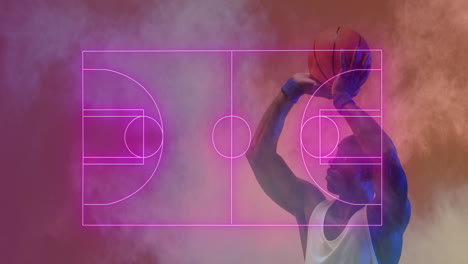 animation of pink court and explosion over african american male basketball player shooting ball